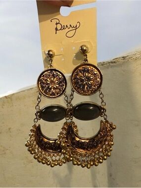 Gold-Tone Filigree Crescent Drop Earrings with Dark Stone